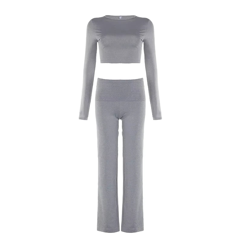 BIIKPIIK Yoga Casual Two Piece Set Concise Sporty Pants Suit for Women Fitness Long Sleeve Crop Top + Turndown Waist Pants Trend