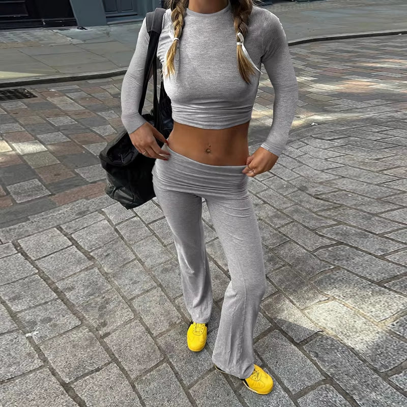 BIIKPIIK Yoga Casual Two Piece Set Concise Sporty Pants Suit for Women Fitness Long Sleeve Crop Top + Turndown Waist Pants Trend