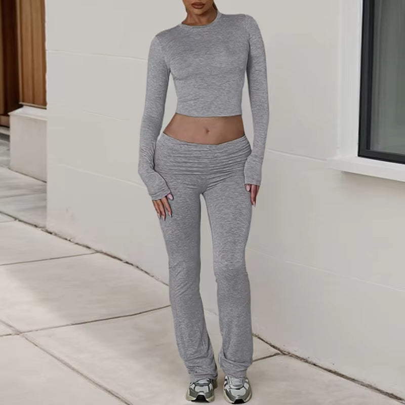 BIIKPIIK Yoga Casual Two Piece Set Concise Sporty Pants Suit for Women Fitness Long Sleeve Crop Top + Turndown Waist Pants Trend