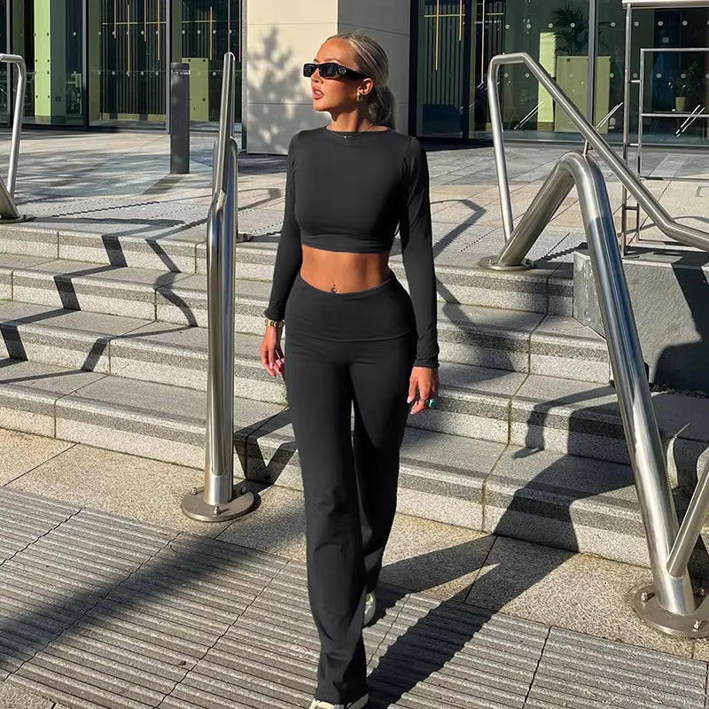 BIIKPIIK Yoga Casual Two Piece Set Concise Sporty Pants Suit for Women Fitness Long Sleeve Crop Top + Turndown Waist Pants Trend