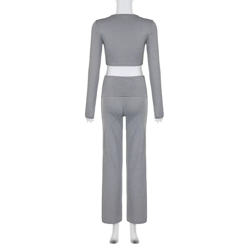 BIIKPIIK Yoga Casual Two Piece Set Concise Sporty Pants Suit for Women Fitness Long Sleeve Crop Top + Turndown Waist Pants Trend