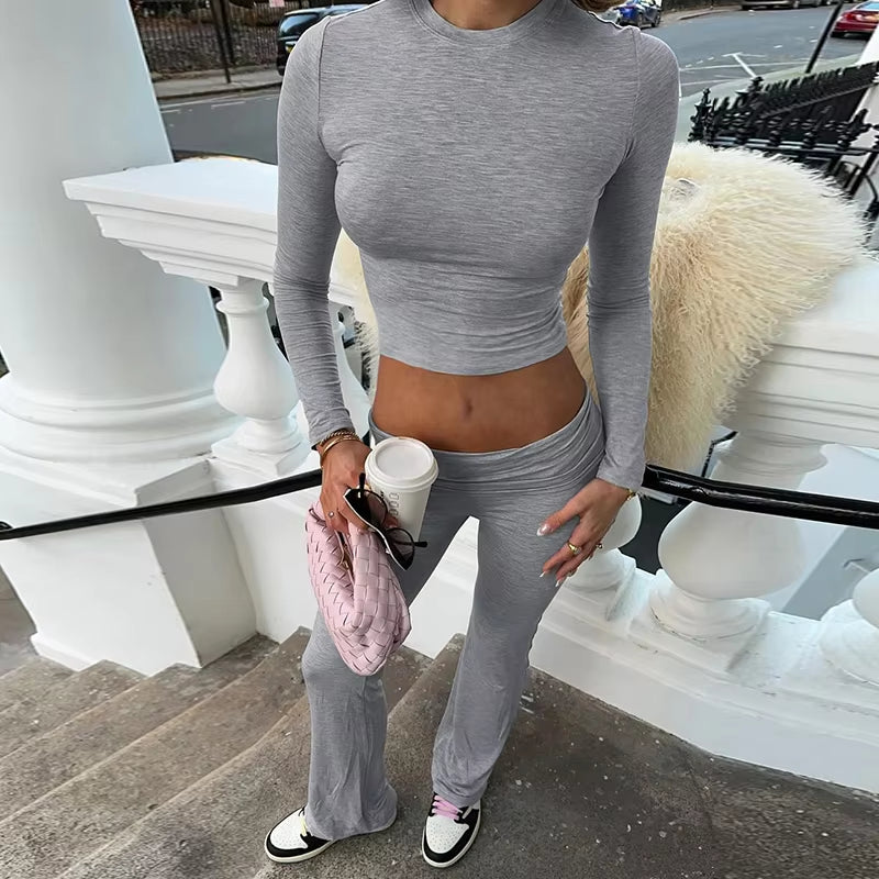 BIIKPIIK Yoga Casual Two Piece Set Concise Sporty Pants Suit for Women Fitness Long Sleeve Crop Top + Turndown Waist Pants Trend